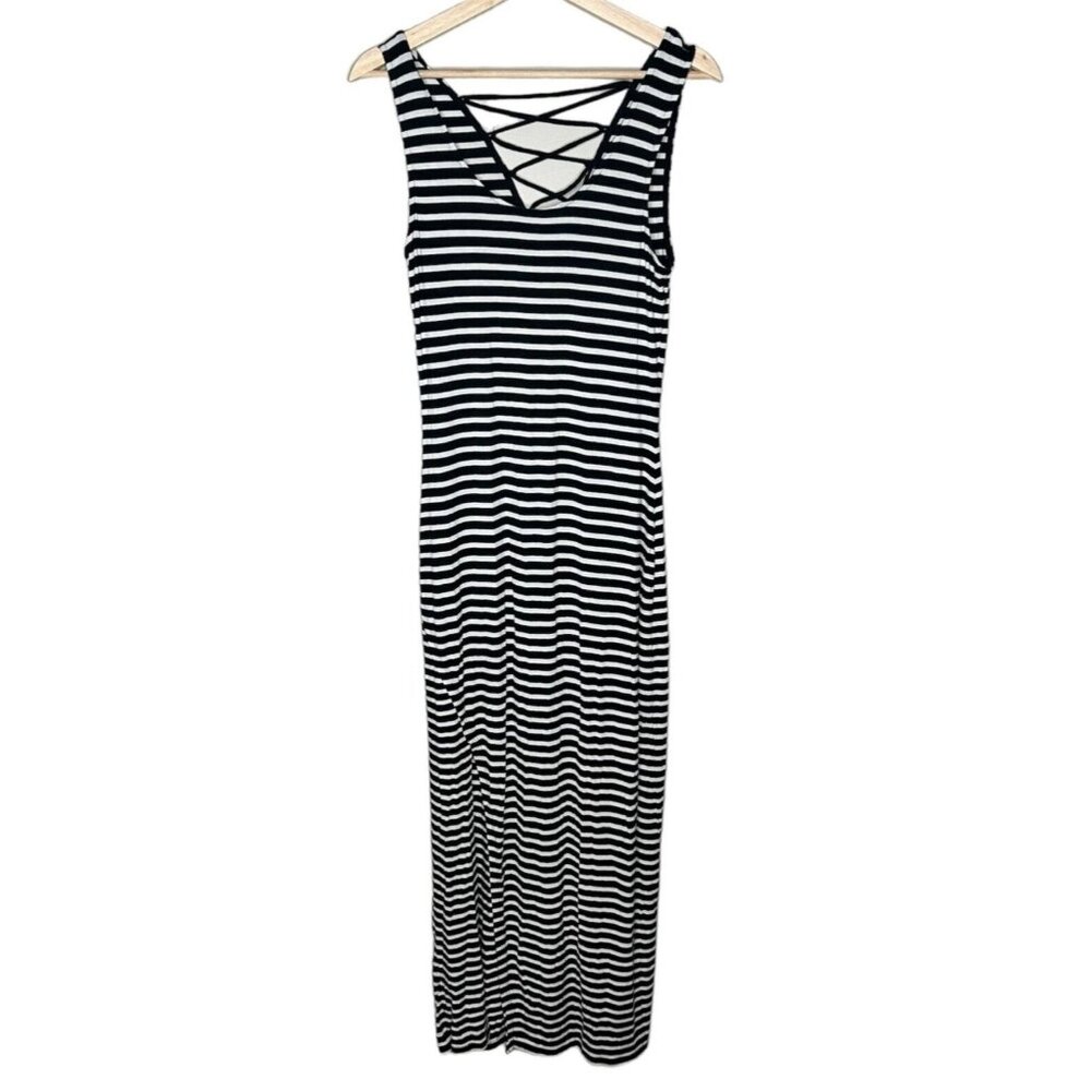 Kismet Womens Maxi Dress Summer Fun Casual Rayon Black White Striped Size Small